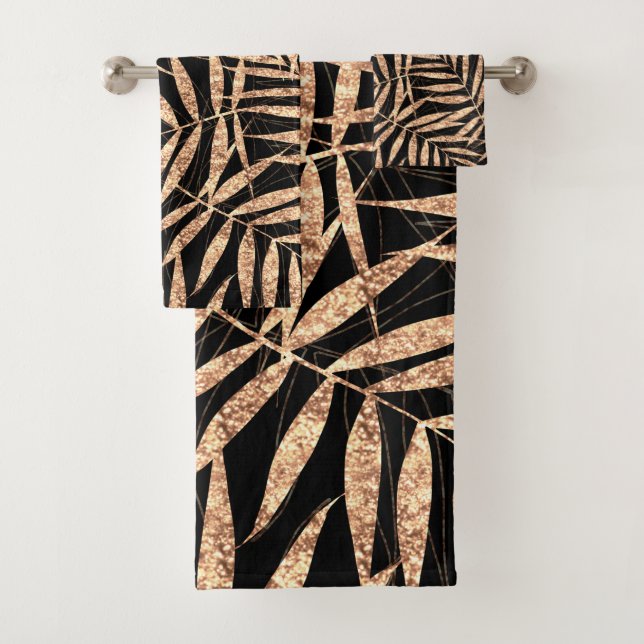 Elegant Gold Tropical Palm Leaves Black Design Bath Towel Set (Insitu)