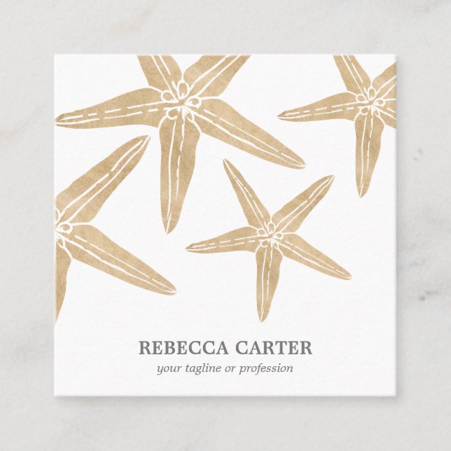 Elegant Gold Tropical Starfish Beach Coastal Square Business Card (Front)