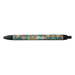 Elegant gold turquoise green girly mermaid scales  black ink pen