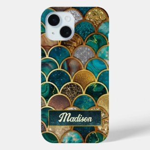 Elegant gold turquoise green girly mermaid scales iPhone 15 case