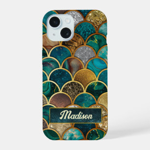 Elegant gold turquoise green girly mermaid scales iPhone 15 case