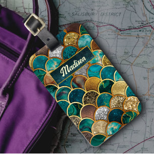 Elegant gold turquoise green girly mermaid scales  luggage tag