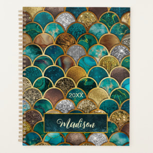 Elegant gold turquoise green girly mermaid scales  planner