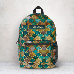 Elegant gold turquoise green girly mermaid scales printed backpack