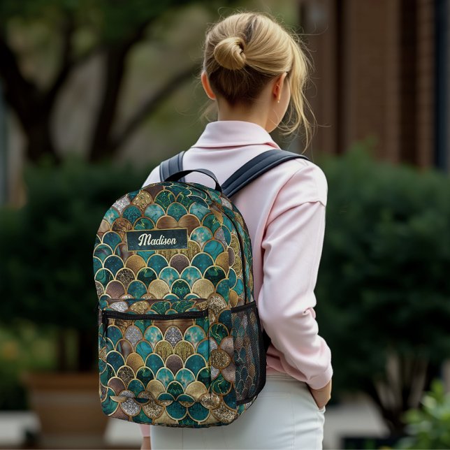 Elegant gold turquoise green girly mermaid scales printed backpack (Creator Uploaded)