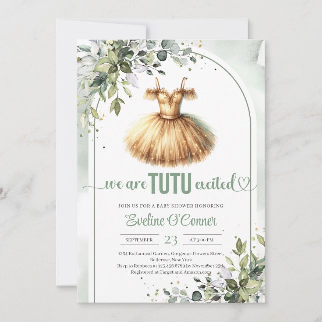 Elegant gold tutu dress greenery arched girl invitation (Front)