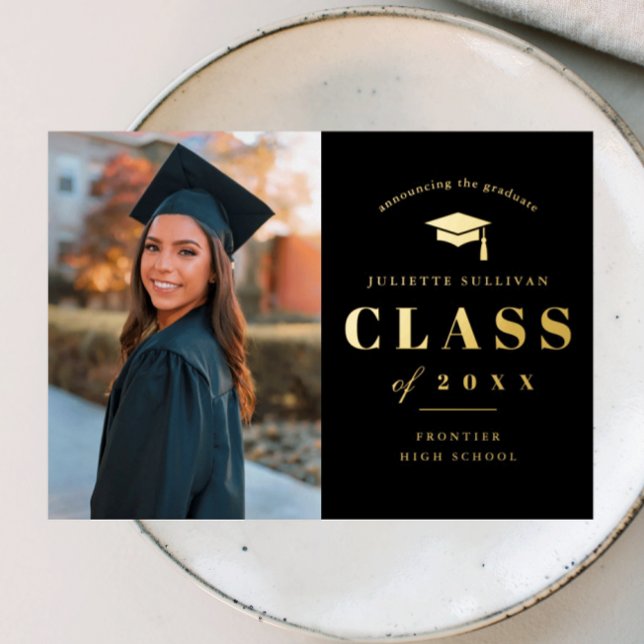 Elegant Gold Type Photo Graduation (Elegant Gold and Black Foil Photo Graduation Announcement Invitations.)