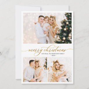 Elegant Gold Typography 3 Multi Photo Christmas  Holiday Card