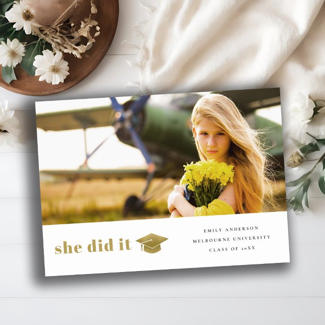 Elegant Gold Typography Graduation Cap Photo Announcement (Creator Uploaded)