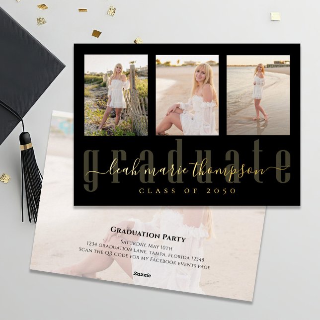 Elegant Gold Typography Graduation Photo Foil  (Black and gold foil graduation photo invitation announcement. )