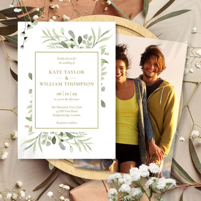 Elegant Gold Typography Greenery Photo Wedding Invitation (Elegant Gold Typography Greenery Photo Wedding Invitation)