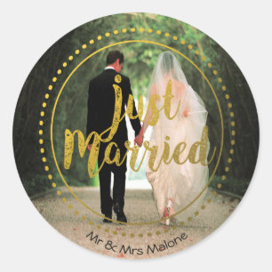 Elegant Gold Typography Just Married Photo Classic Round Sticker