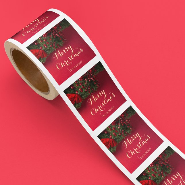 Elegant Gold Typography Red Holly Merry Christmas Square Sticker (Creator Uploaded)