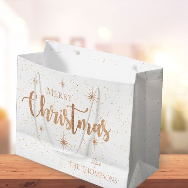 Elegant Gold Typography Stars Merry Christmas Large Gift Bag (Creator Uploaded)