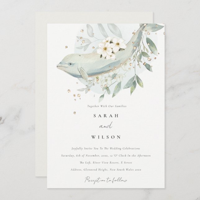 Elegant Gold Underwater Floral Fish Wedding Invite (Front/Back)