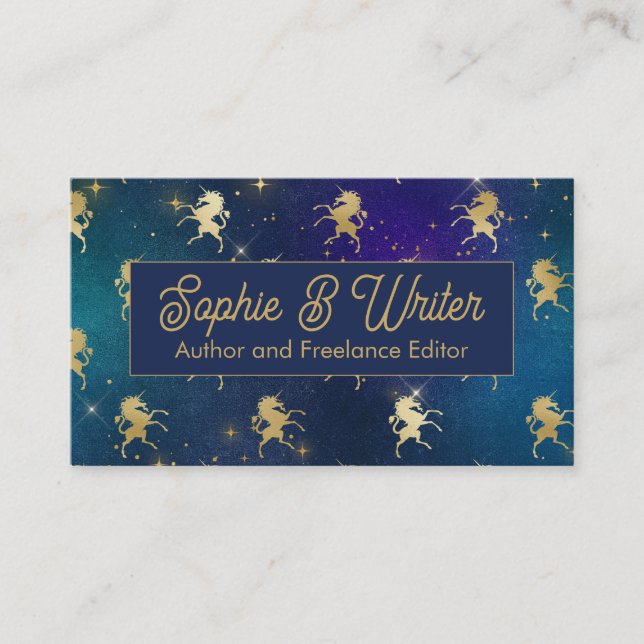 Elegant Gold Unicorn Starry Sky Fantasy Writers Business Card (Front)