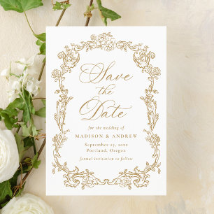 Elegant Gold Victorian Floral Frame Wedding Save The Date