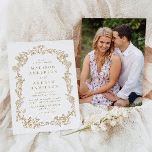 Elegant Gold Victorian Floral Photo Wedding Invitation