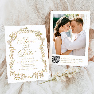 Elegant Gold Victorian Floral QR Code Wedding Save The Date