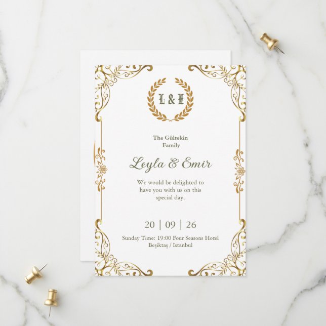 Elegant Gold Vine Monogram Save the Date (Front/Back In Situ)