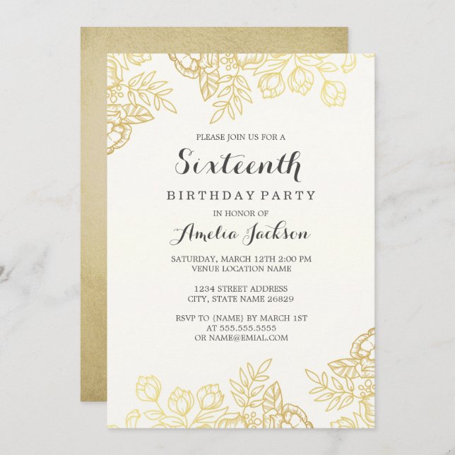 Elegant Gold Vintage Floral 16th Birthday Invitation (Front/Back)