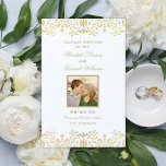 Elegant Gold Vintage Glam Wedding Photo Programs<br><div class="desc">Elegant white vintage inspired wedding ceremony programs feature an ornate decorative border design with a metallic champagne gold shimmer appearance.  Personalise the custom photo and text for your bridal party,  ceremony information,  and thank you message. Note: these text weight paper programs arrive flat and require folding to assemble.</div>