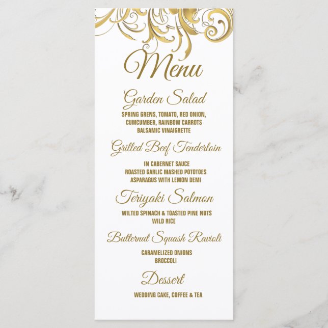 Elegant Gold Vintage Swirls Wedding Menu (Front)