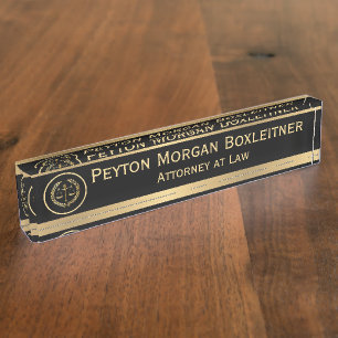 Elegant Gold w Black and Scales of Justice Lawyer Nameplate