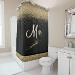 Elegant Gold w/Black Custom Monogram Name Rose Sho Shower Curtain<br><div class="desc">This is a unique shower curtain because of the Gold Glitter and the two Colour Monogram -- look closely and you will see the detail, which remains when you personalise. Elegant Black highlights the gold, the rose and the name on this Shower Curtain which will add a special touch to...</div>