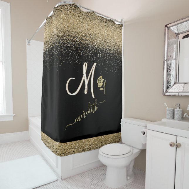Elegant Gold w/Black Custom Monogram Name Rose Sho Shower Curtain (In Situ)