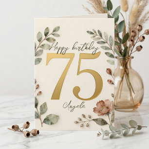 Elegant Gold Watercolor Botanical 75th Birthday Card