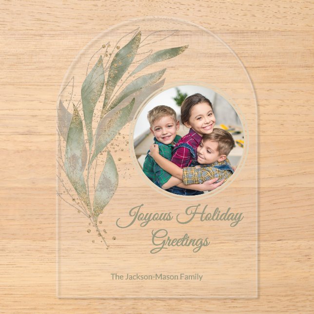 Elegant Gold Watercolor Botanical Photo Holiday  Acrylic Invitations (Front)