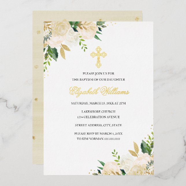 Elegant Gold Watercolor Floral Baptism  (Front/Back)