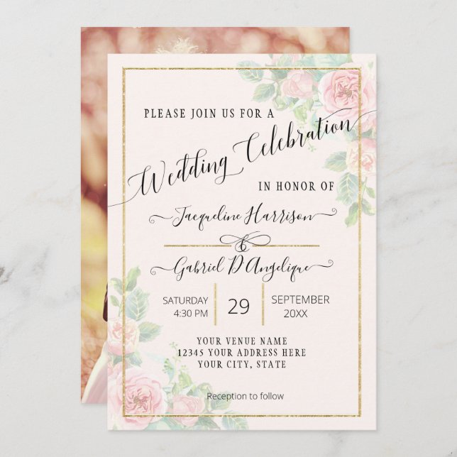 Elegant Gold Watercolor Floral Script Wedding Invi Invitation (Front/Back)