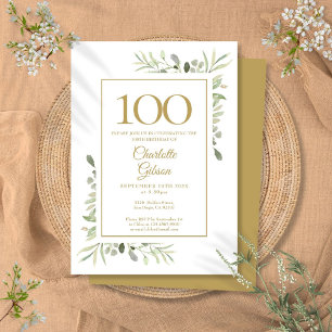 Elegant Gold Watercolor Greenery 100th Birthday Invitation