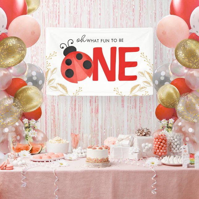 Elegant Gold & Watercolor Ladybug ONE Party Banner (Oh What Fun to Be One Watercolor Ladybug Hanging Vinyl 1st Birthday Banner With Gold Glitter Accents)