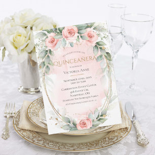 Elegant Gold Watercolor Pink Quinceañera Invitation