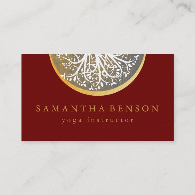 Elegant Gold Watercolor Tree Yoga and Meditation Business Card (Front)