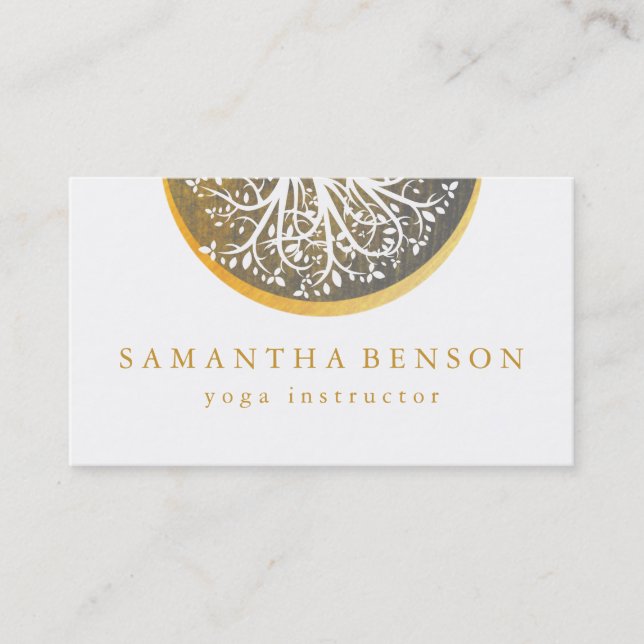 Elegant Gold Watercolor Tree Yoga and Meditation Business Card (Front)