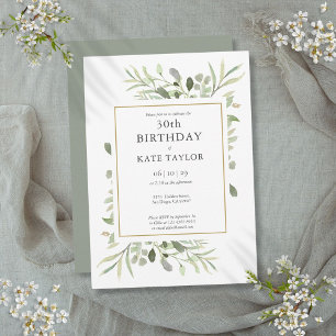 Elegant Gold Watercolour Greenery 30th Birthday Invitation