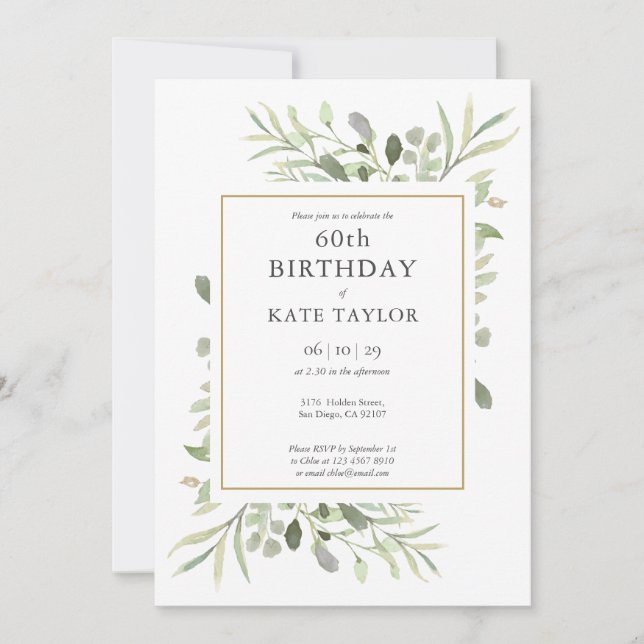 Elegant Gold Watercolour Greenery 60th Birthday Invitation (Front)