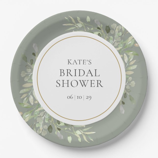 Elegant Gold Watercolour Greenery Bridal Shower Paper Plate (Front)