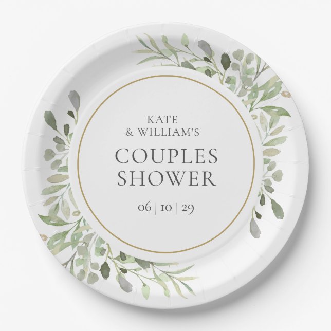 Elegant Gold Watercolour Greenery Couples Shower Paper Plate (Front)