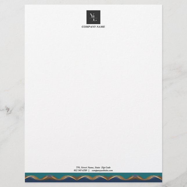 Elegant Gold Wave Blue Teal with Business Logo Custom Letterhead (Front)