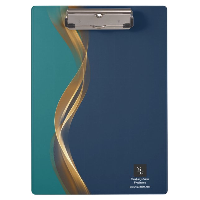 Elegant Gold Wave Blue Teal with Logo Clipboard (Front)