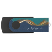 Elegant Gold Wave Blue Teal with Name