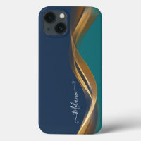 Elegant Gold Waves Blue Teal with Name