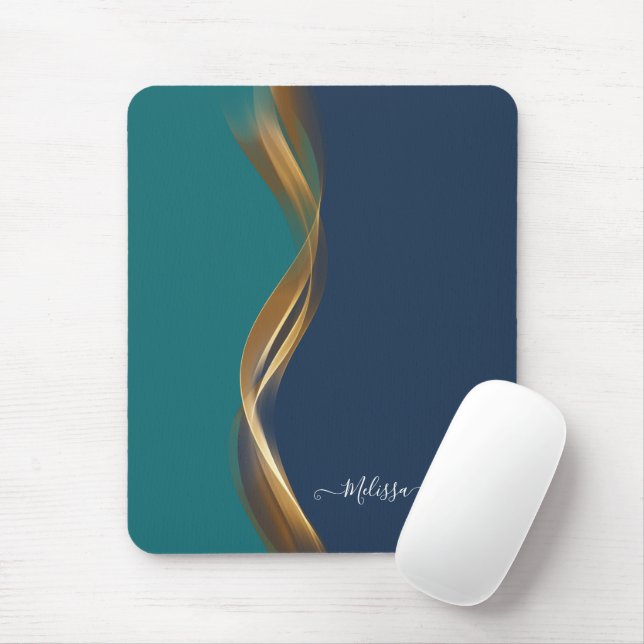 Elegant Gold Waves Blue Teal with Name Mouse Pad (With Mouse)