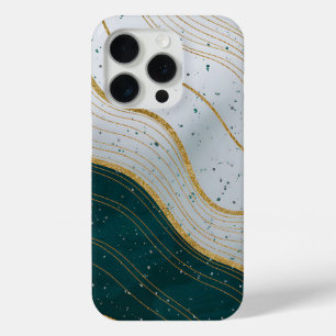 Elegant Gold Waves on Deep Green Abstract iPhone 15 Pro Case