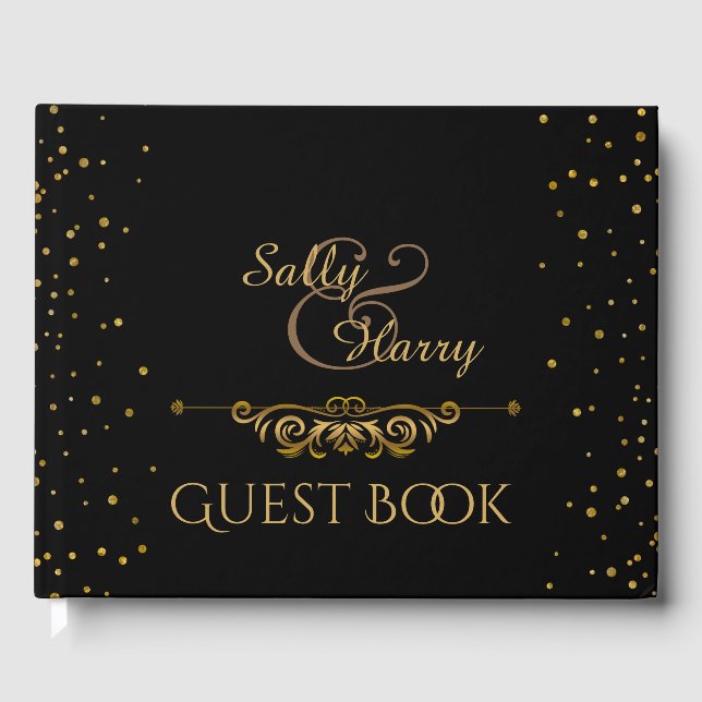 Elegant Gold Wedding | Black Gold Confetti Dots Guest Book (Front)